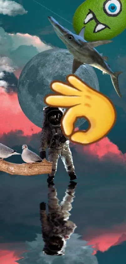 Surreal astronaut with birds and cosmic collage on phone wallpaper.