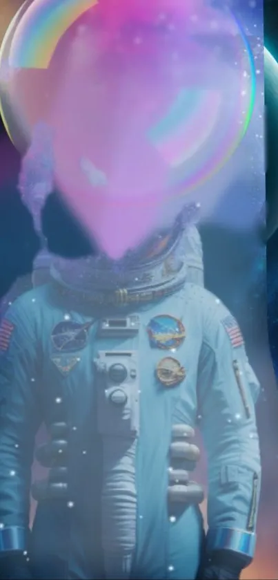 Surreal astronaut with rainbow orb in galaxy background.