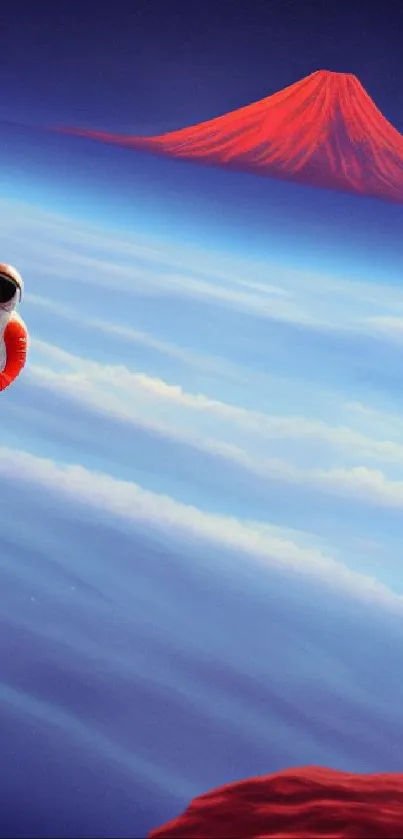 Surreal astronaut floats over dreamy clouds with a vivid red landscape backdrop.