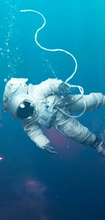 Astronaut floating in a surreal space scene with teal and cosmic colors.