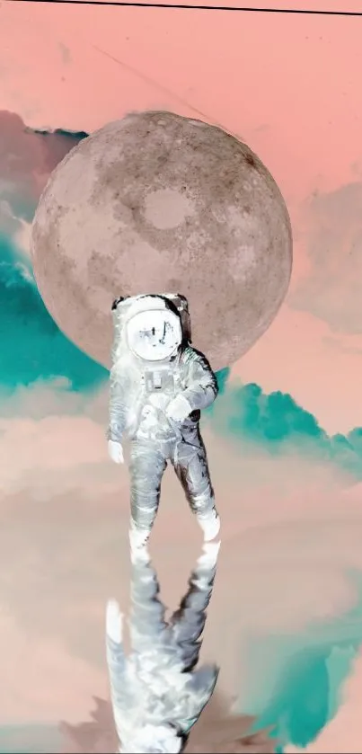 Astronaut standing with a pink moon and teal clouds in the background.