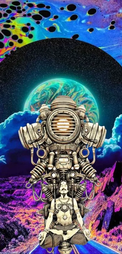 Surreal astronaut meditation artwork with vibrant cosmic background.