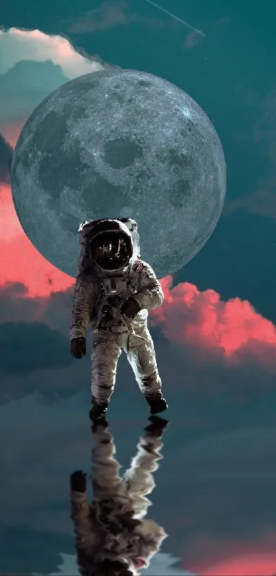 Surreal astronaut against a large moon with teal and pink clouds.