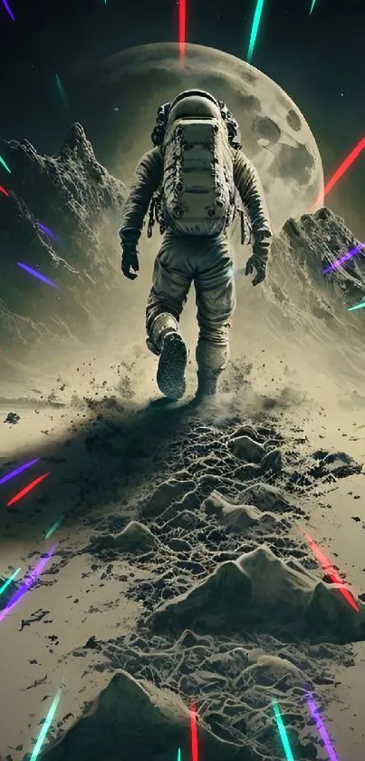 Astronaut walking on moonlit surface under a dark green sky with mountains.