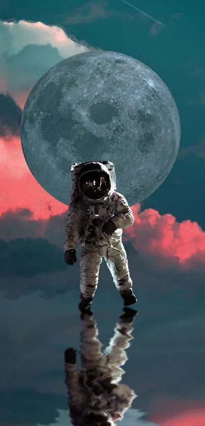 Astronaut reflected under a moonlit sky with vibrant red and teal clouds.