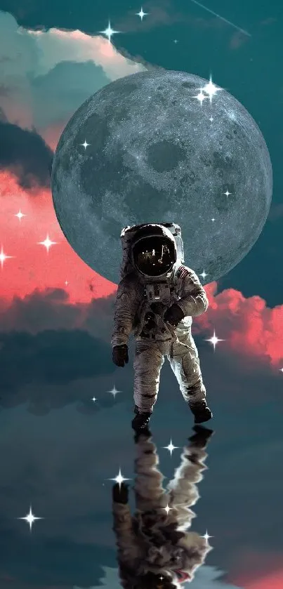 Surreal wallpaper of an astronaut walking under the moon with stars and colorful clouds.