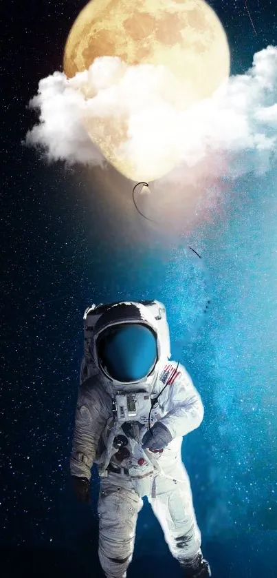 Astronaut holding a balloon moon in a cosmic starry sky.