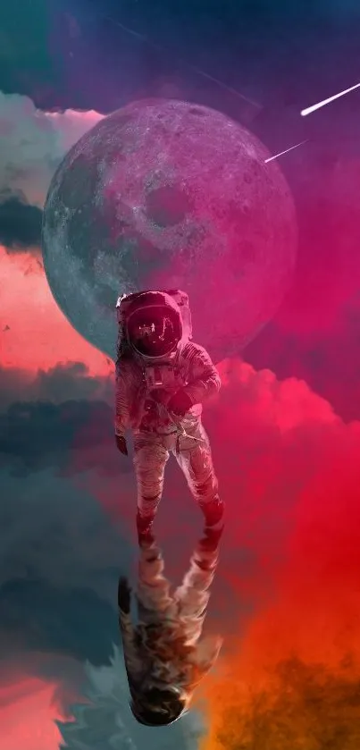 Astronaut walking under colorful sky with moon and clouds.