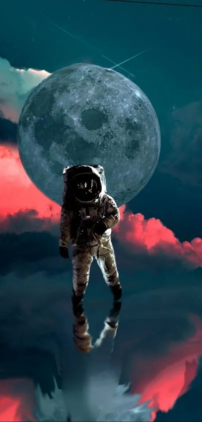 Astronaut standing before a large moon with glowing clouds in the background.