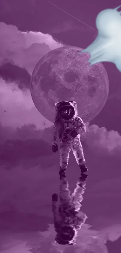 Astronaut walks under a full moon with surreal purple hues.