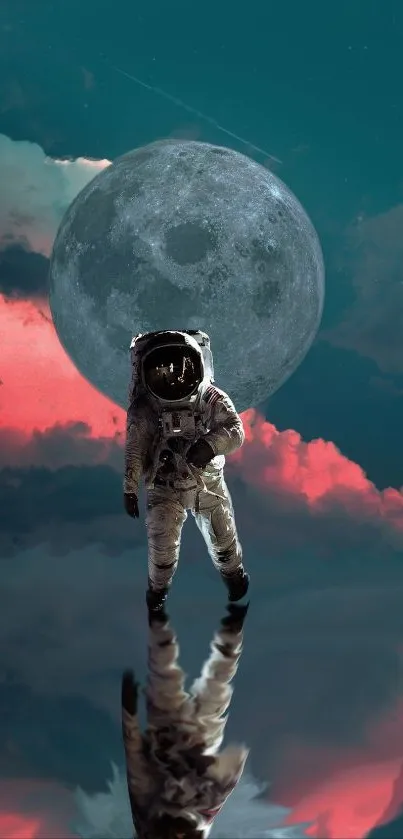 Astronaut walking on reflective surface with full moon backdrop.