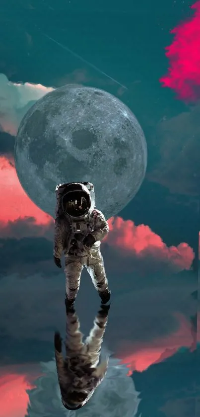 Astronaut silhouette with moon and vibrant pink clouds.