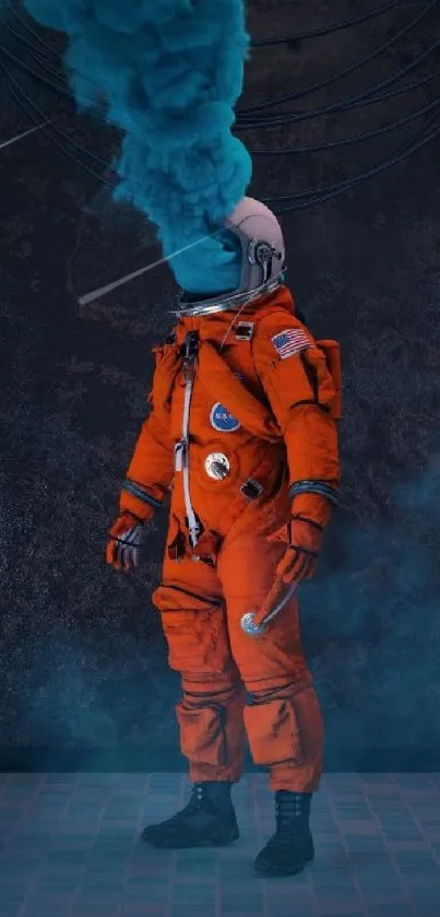 Orange-suited astronaut with cyan smoke in a surreal setting.