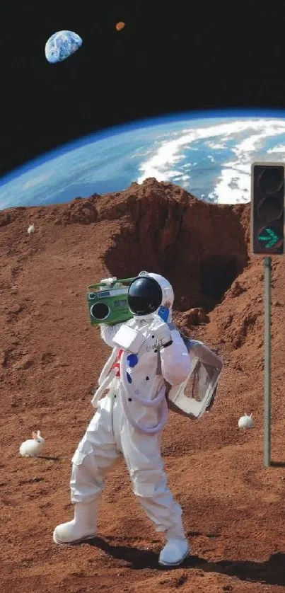 Astronaut with boombox on surreal red planet with Earth in background.