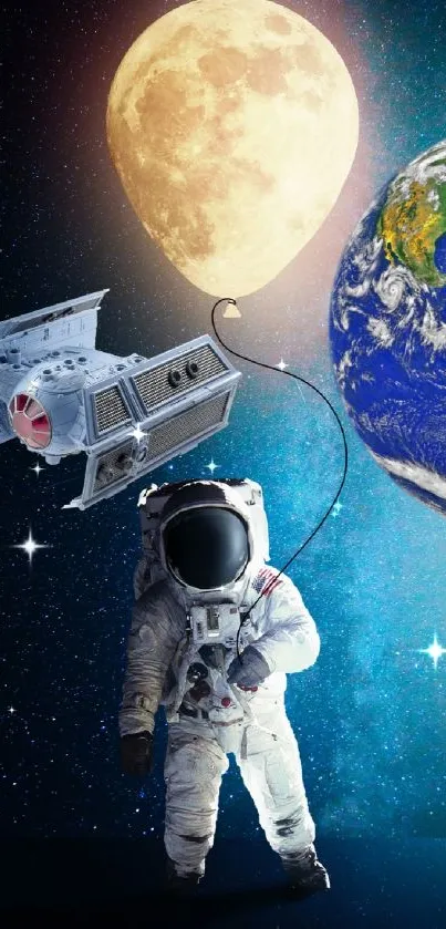 Astronaut tethered to moon balloon floating in space with Earth view.