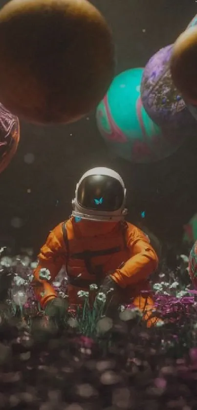 Astronaut amid surreal cosmic spheres in vibrant colors.