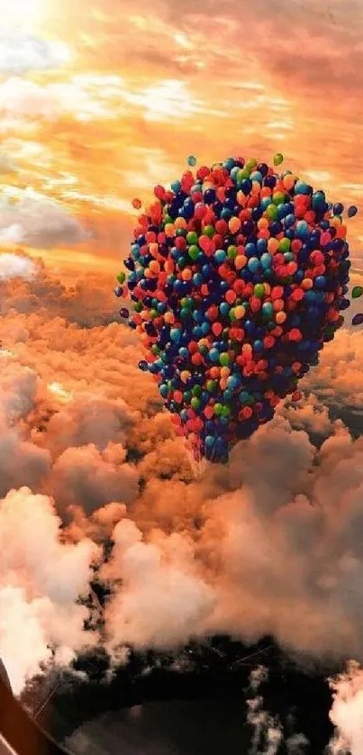 Vibrant balloons float outside an airplane window at sunset.