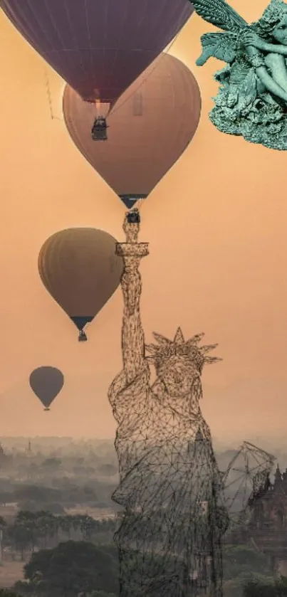 Surreal wallpaper of hot air balloons with a statue overlaying a misty landscape.