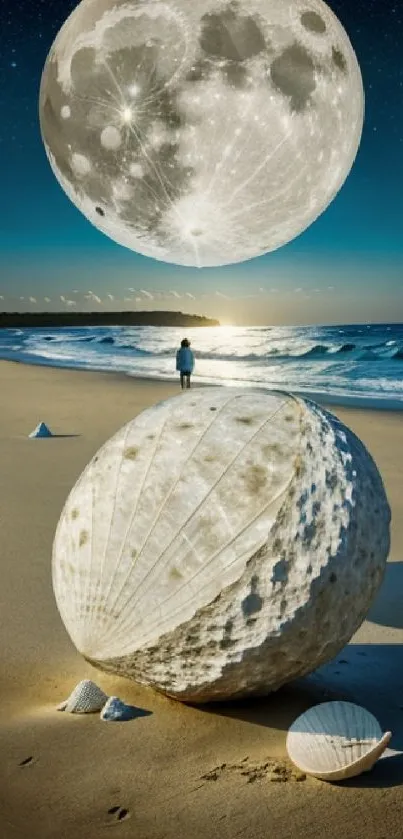 Surreal beach scene with giant moons and calm sea on a mobile wallpaper.