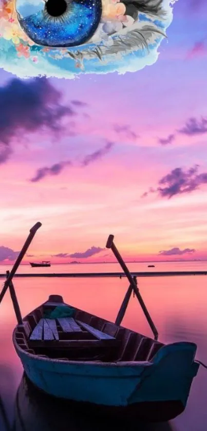 Surreal beach scene with a cosmic eye and a vibrant sky.