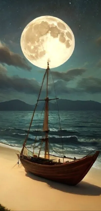 Boat rests on moonlit beach under a full moon.