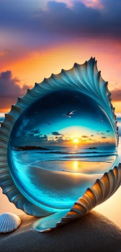 Surreal beach scene reflected in a shell at sunset on a sandy shore.