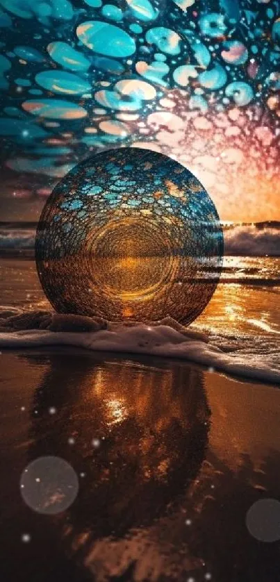 Surreal beach scene with a glowing sphere and vibrant sky.