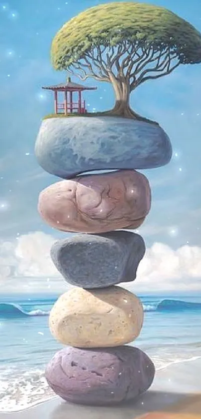 Surreal art with stacked stones and bonsai tree on beach.