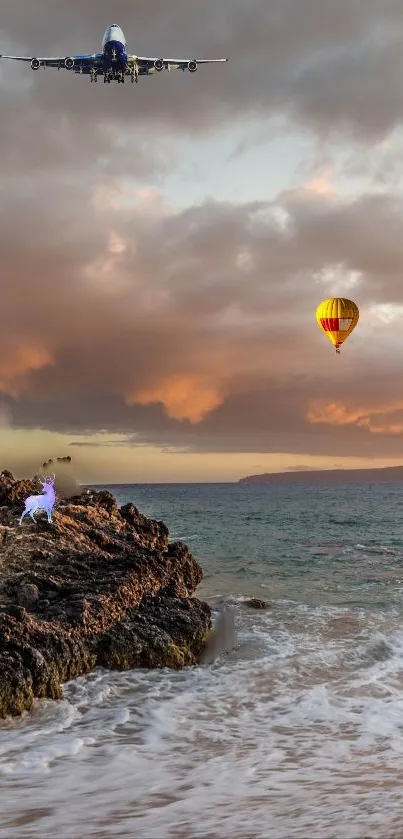 Surreal beachscape with plane and balloon over ocean.