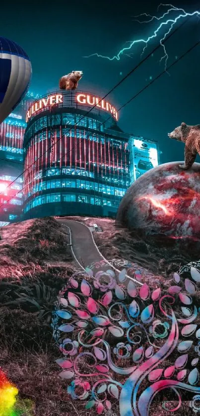 Surreal wallpaper with bear, neon lights, and cityscape.