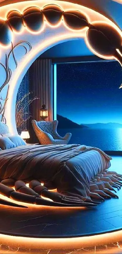 Futuristic bedroom with surreal design overlooking a starry night.