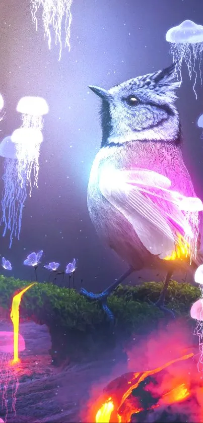 Surreal art of a bird with glowing jellyfish.