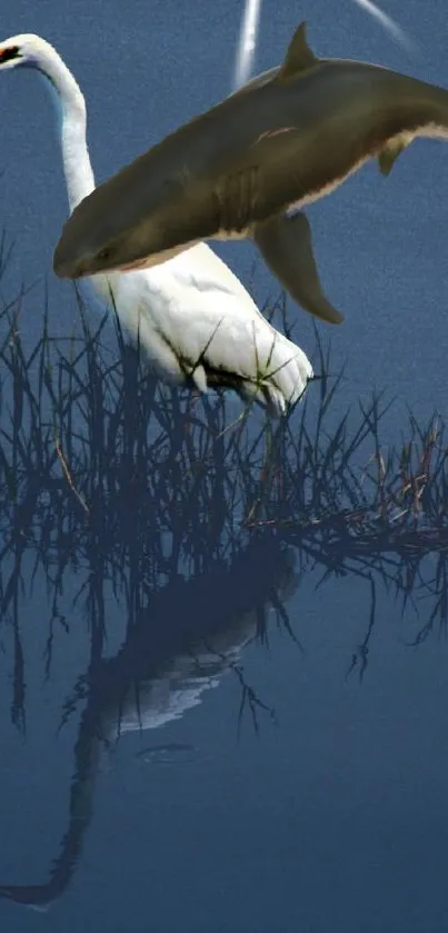 Surreal image of a bird and shark in a dark watery setting.