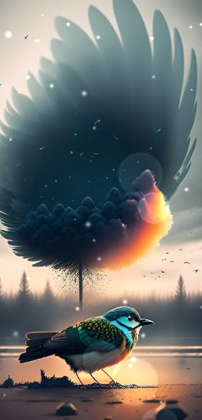 Surreal fantasy bird with dramatic sky in nature artwork.