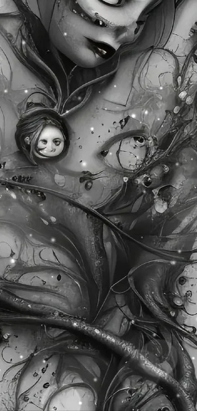 Surreal black and white art with intricate designs.