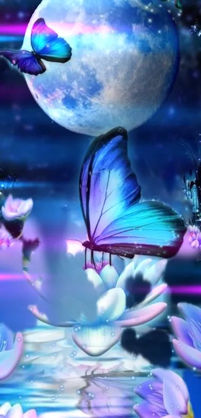 Blue butterfly with moon and flowers on a mystical wallpaper.