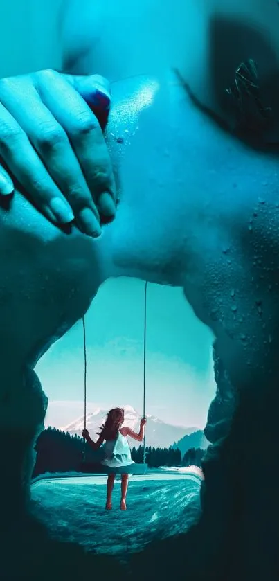 Surreal blue dreamscape with girl on a swing inside human form.