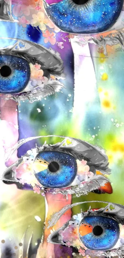 Surreal mobile wallpaper featuring vibrant blue eyes and colorful abstract design.