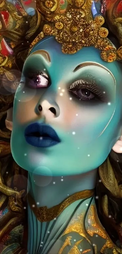 Surreal blue face art with gold accents, perfect for mobile wallpaper.