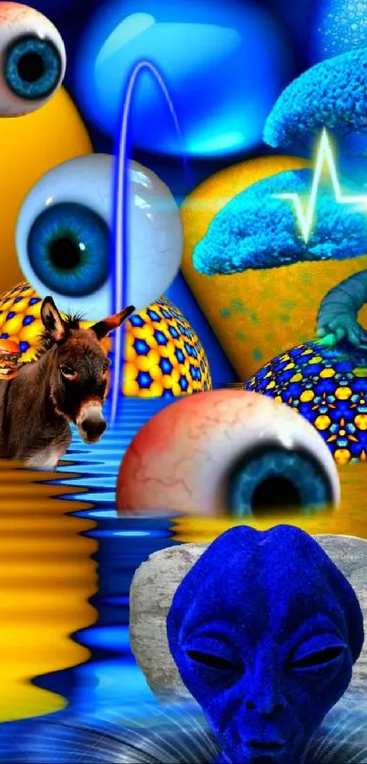 Surreal blue fantasy wallpaper with eyes, a donkey, and abstract elements.