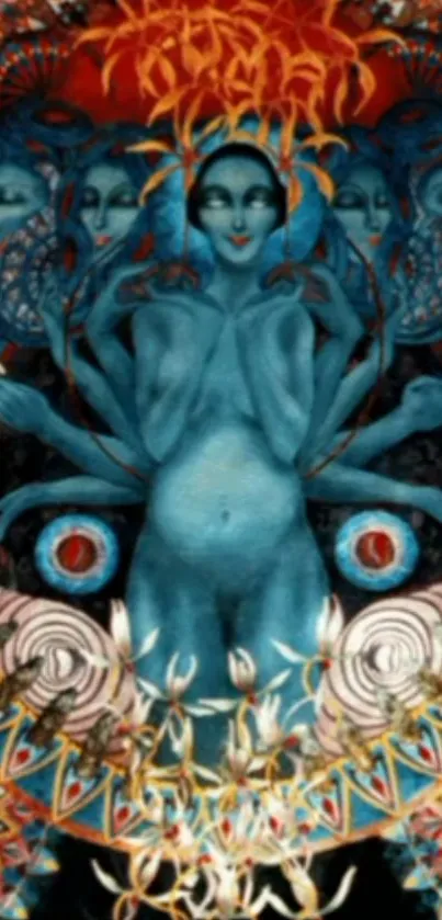 Surreal blue goddess with multiple arms in a vibrant, intricate design.