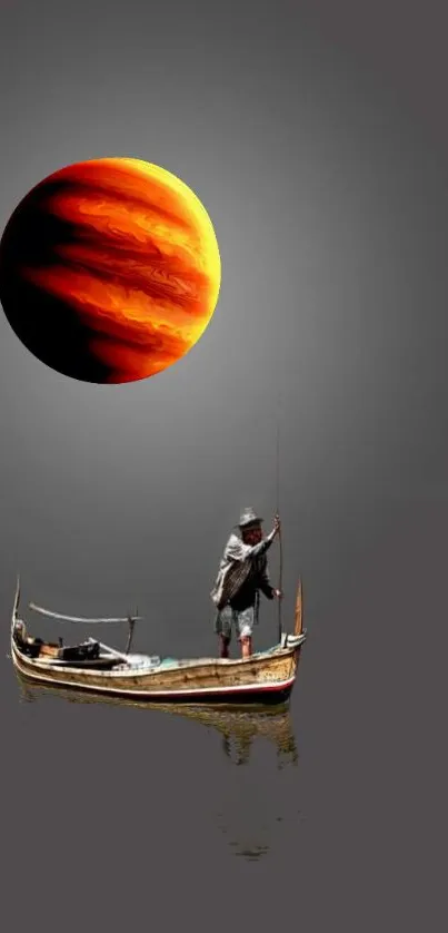 Fisherman in a boat under a vibrant, orange cosmic planet in a dark sky.