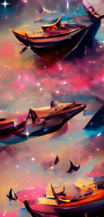 Surreal floating boats in a cosmic violet scene.