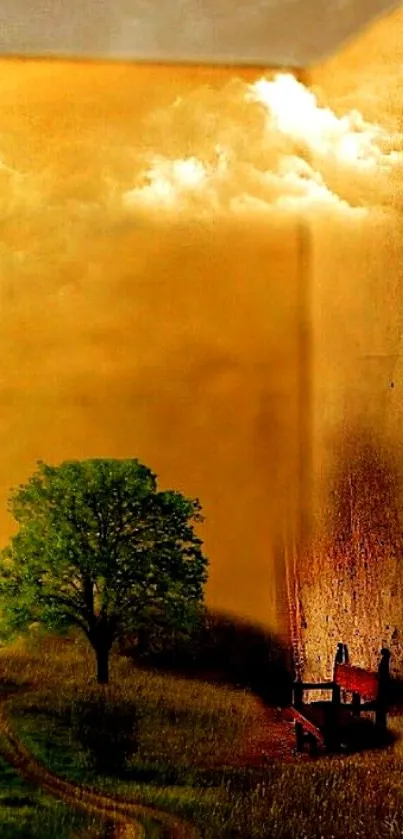 Surreal landscape with book and tree, perfect for mobile wallpaper.