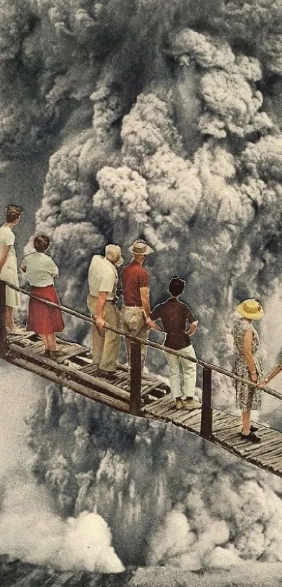 Surreal scene of people on a bridge amid a volcano eruption.