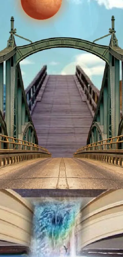 Surreal bridge fantasy with waterfall emerging from book under a mystical sky.