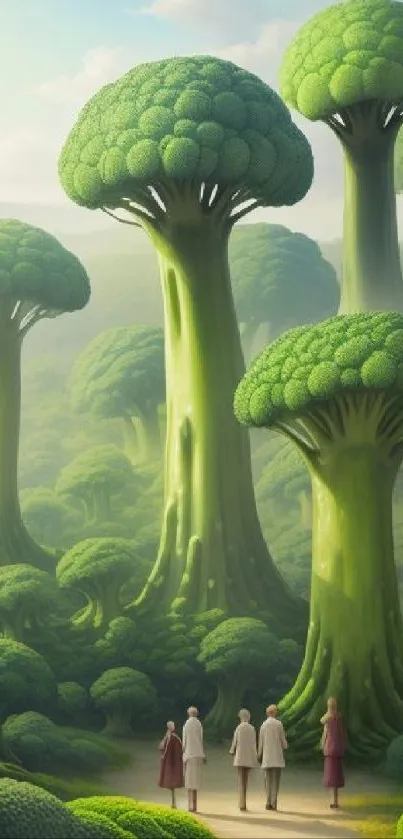 Surreal forest with broccoli-shaped trees and people exploring a lush green landscape.