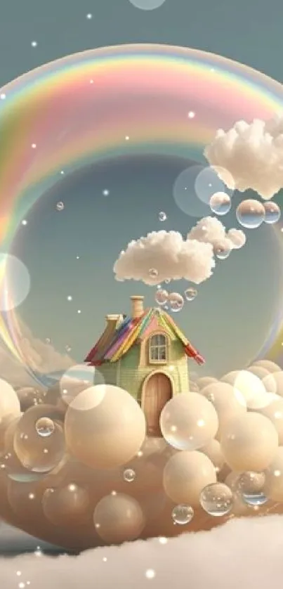 Surreal wallpaper of a house in a bubble among clouds.