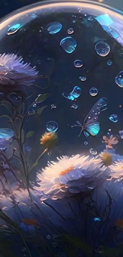 Magical scene of butterflies and flowers encased in a bubble with deep blue tones.