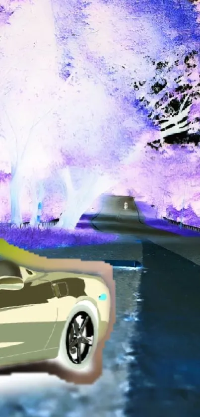 Inverted color surreal wallpaper with a car and road in a dreamlike setting.